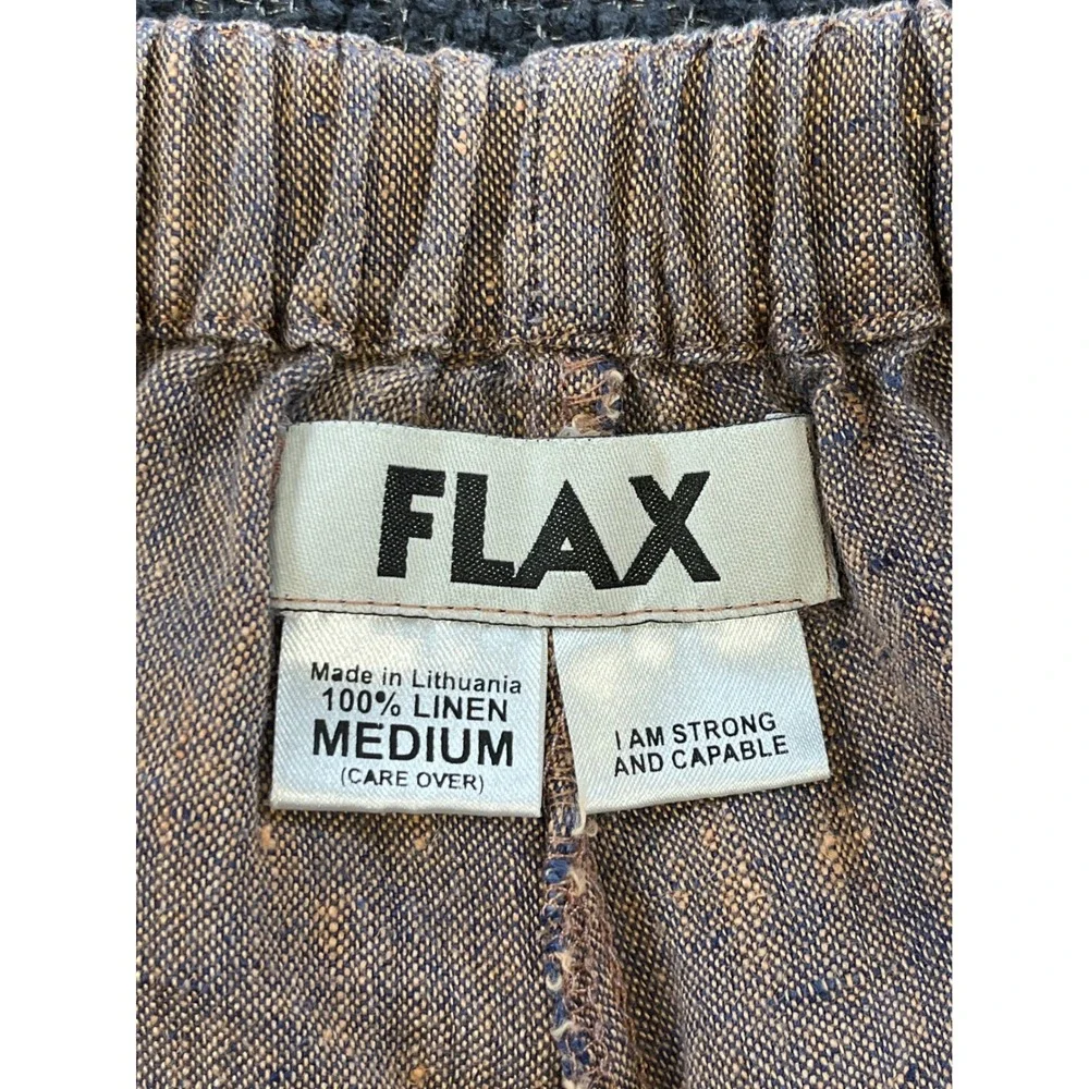 FLAX 100% Linen Cropped Wide Leg Elastic Waist Pants Orange Blue Textured Medium